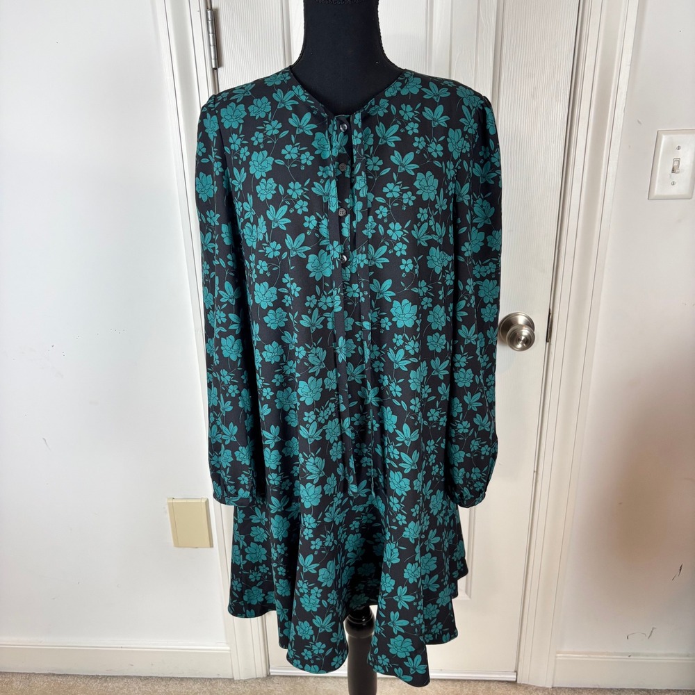 Draper James Teal Floral Ruffle Hem Mini Dress Black Long Sleeve Womens M
